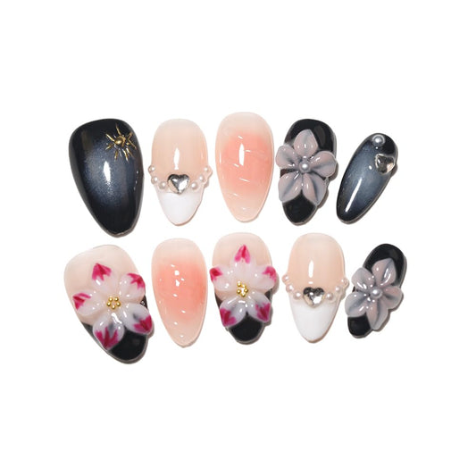 10 Short Almond Handmade Press On Nails | 3D Floral & Heart Accent Elegant Black & Nude Gradient False Nails,New styles | Skip Salon Trips, Easy to Apply & Remove, Reusable (251109, XS)