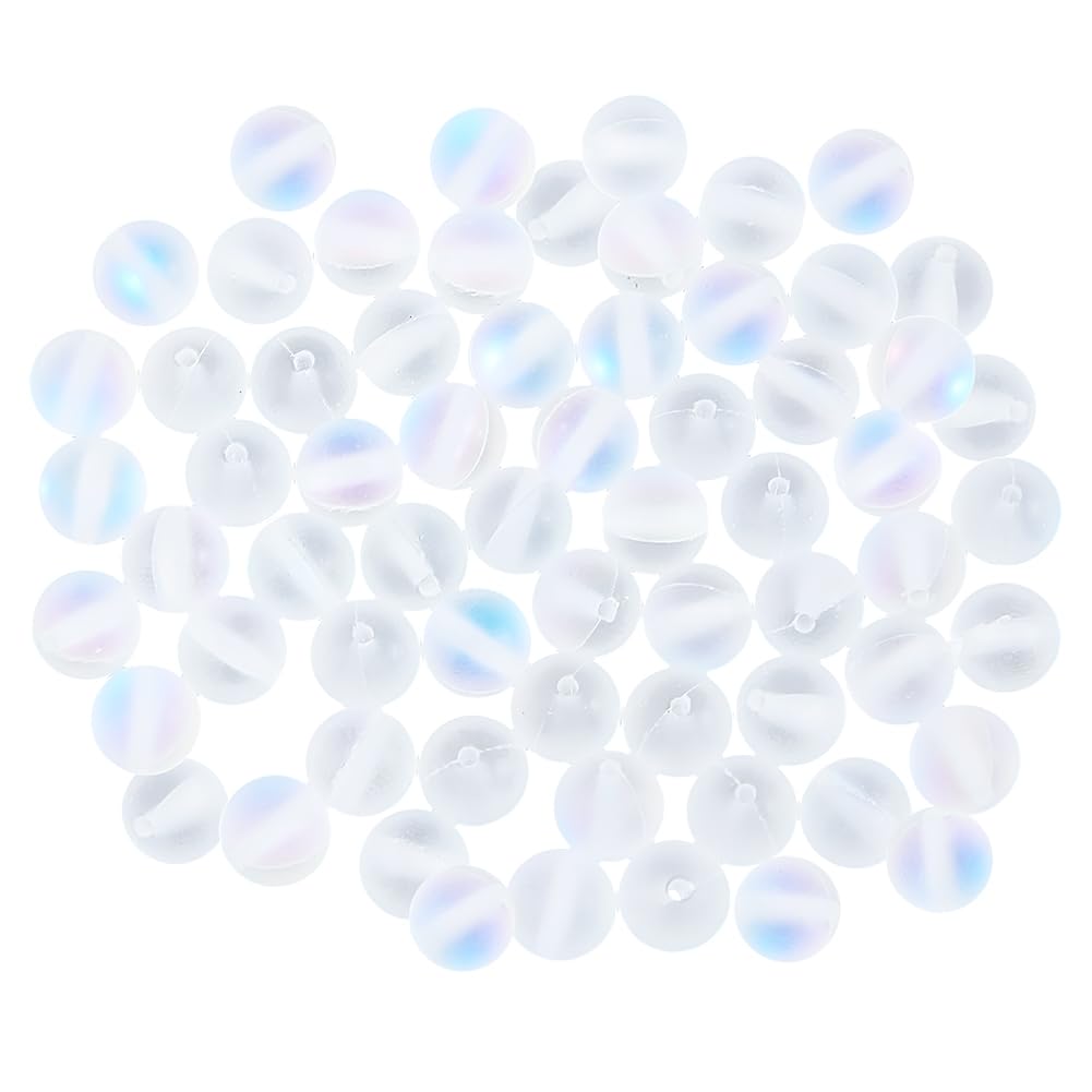 PONABEADIY 1 Box 120PCS 8MM Moonstone Matte Round Beads with Holes Iridescent Frosted White Clear Transparent Gemstone Stone Spacer Loose Bead Bulk for Jewelry Making Necklaces Bracelets DIY Craft