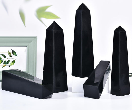 JIC Gem Large Black Obsidian Healing Crystals Wand 4 Faceted Crystal Point Obelisk Gemstone Natural Reiki Energy Stone for Meditation Crystal Grid Decoration 1.7-2.2 Lbs