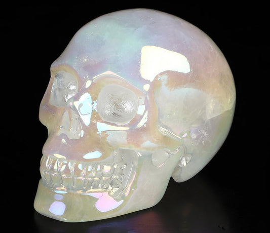 Skullis 2.0" Rainbow Aura Quartz Rock Crystal Skull, Hand Carved Gemstone Fine Art Sculpture, Reiki Healing Stone Statue.1636