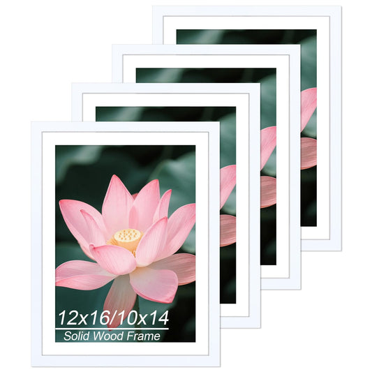 12x16 Picture Frames Set of 4, 30x40cm Picture Frame for Diamond Art, Includes Mat to Fit 10x14 (25x35cm) Pictures, 16x12 Solid Wood Frame for Diamond Painting/Poster/Photo/Image/Certificate - White
