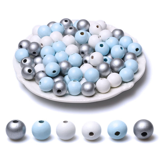 16mm Wood Beads for Farmhouse Garlands, 240 Pieces White/Silver/Light Blue Wooden Beads, Colorful Wood Round Spacer Bead for Home Decor/DIY Crafts