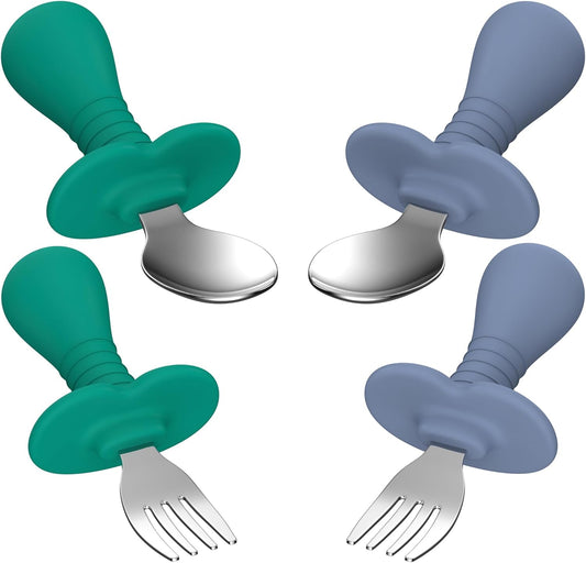Skiennix Toddler Spoons and Forks Set - 4-Piece Kids Silverware with Silicone Handle | BPA-Free, Anti-Choke Design (Dark Blue, Green)