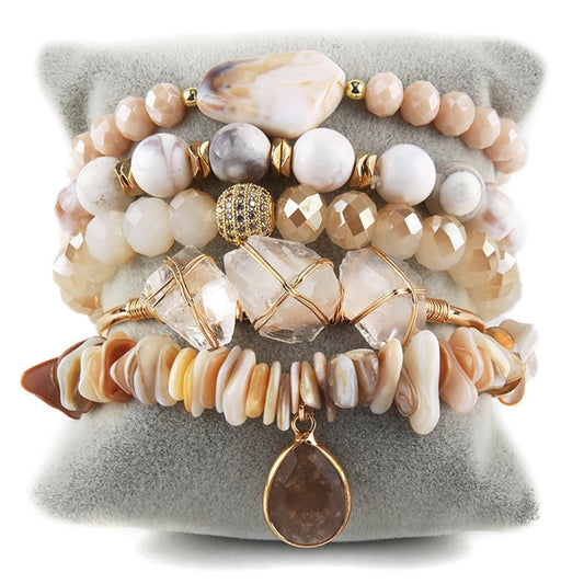 Yomisa 5PCS Natural Boho Beaded Bracelets Bangle for Women,Healing Beige Agate Shell Crystal Gemstone Stone Diamond Chakra Multi Wrap Bohemian Handmade Jewelry Beads Stretch Bracelet Set for Womens