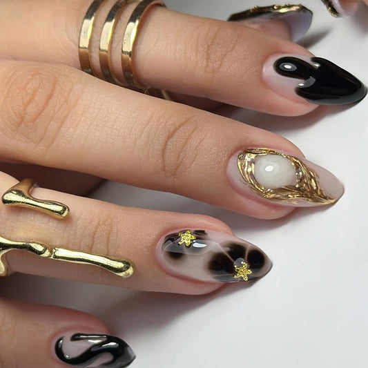 Almond Press On Nails Medium Fake Nails 3D Gold False Nails Flower Rhinestone With Gradient Design Artificial Nails Glossy Acrylic Stick On Nail Full Cover Glue On Nail For Women Manicure 24pcs