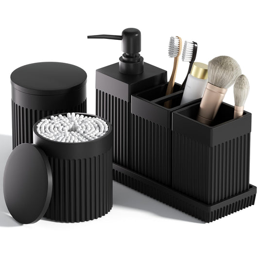 InnJoey 6-Piece Black Bathroom Set - Sleek Resin Organizer with Soap Dispenser, Toothbrush Holder, Vanity Tray, Tumbler & Apothecary Jars for Small Spaces