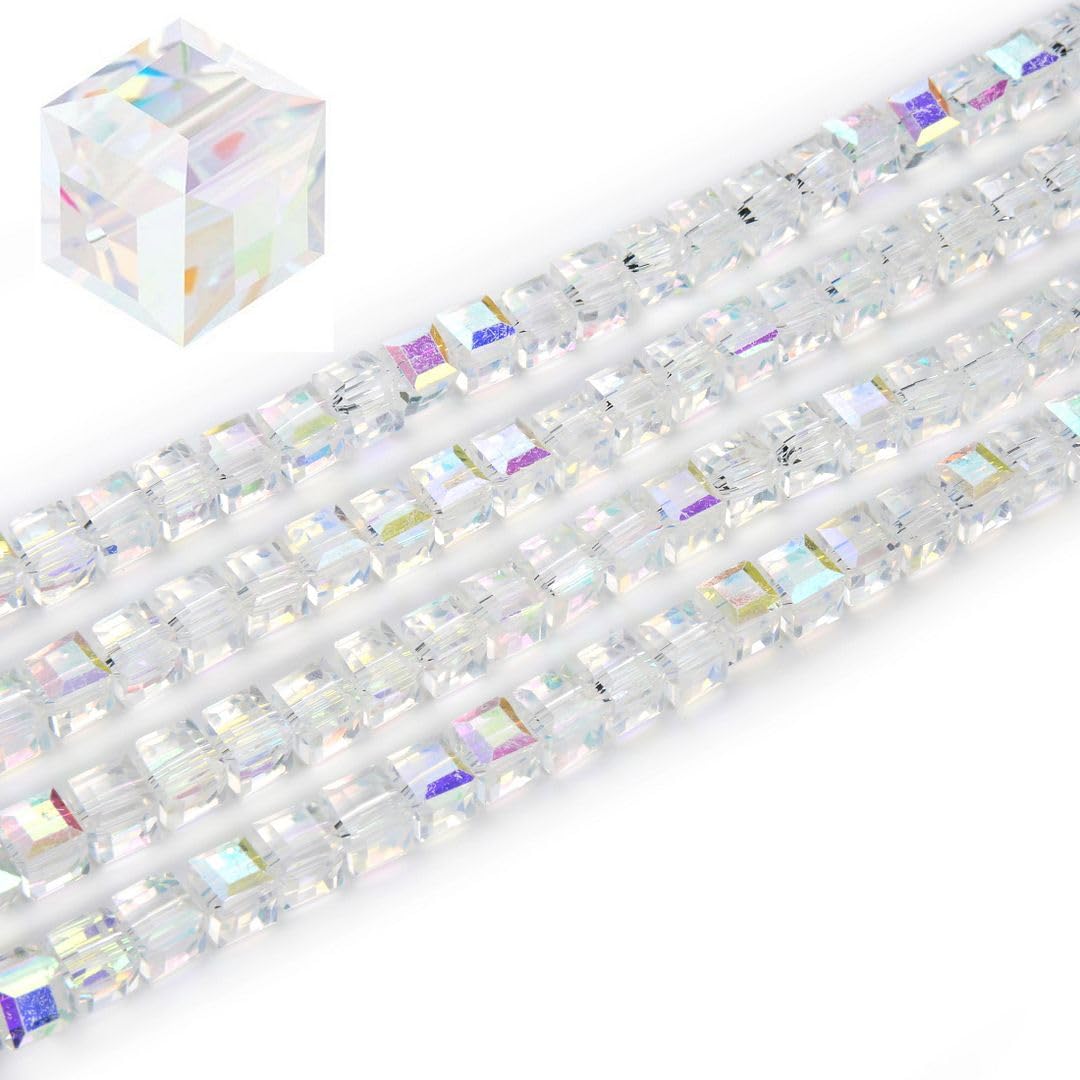 200pcs Czech Faceted Cube Crystal Glass Loose Beads Spacer Bulk 6mm (0.24 Inch) Crystal AB for DIY Jewelry Craft Making CCC602