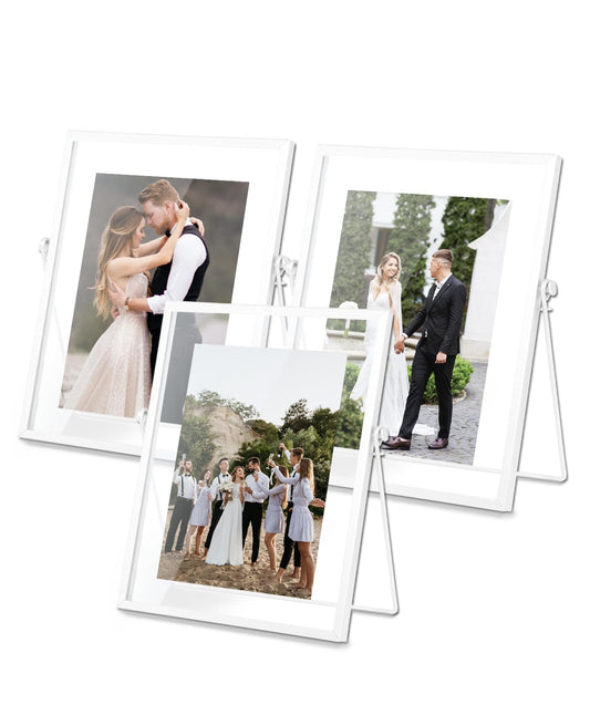 AceList Metal Picture Frames, Set of 3 Ornate Minimal Floating Edge Clear Glass Table Top Easel Stand Photo Frames in White, 8 x 10, Assortment Variety