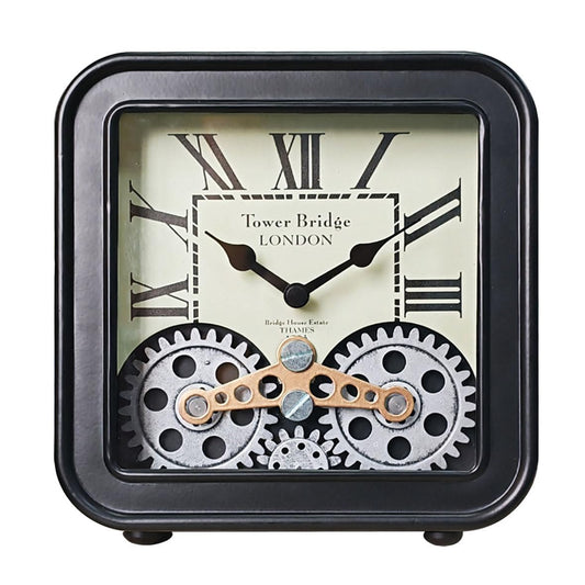 6 Inch Steampunk Desk Clock with Moving Gears, Vintage Metal Table Clock for Home Office Decor, Silent Non-Ticking Quartz Movement, Battery Operated Industrial Mantle Clock for Desk Shelf（black）