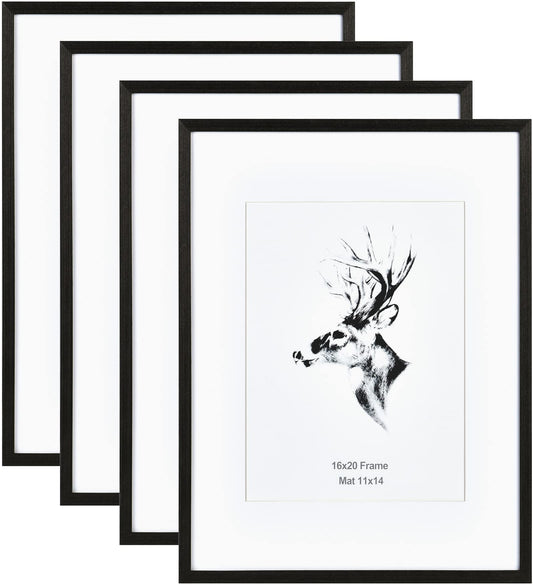 Yaetm 16x20 Frame Matted to 11x14 Set of 4, Solid Wood Black Picture Frame 16x20 for Photos, Posters & Art Prints, Wall Gallery for Horizontal and Vertical Wall Mount (4 pack, Black)