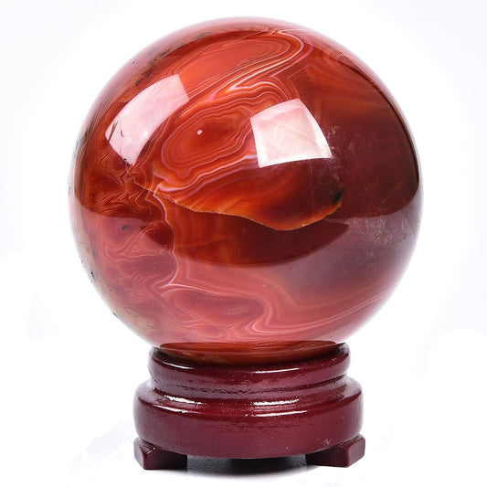 JIC Gem 2.7-3.1 inch(70-80mm) Large Red Agate Crystal Ball Round Healing Crystals Decorative Sphere with Wooden Stand Meditation Witchcraft Home Decor