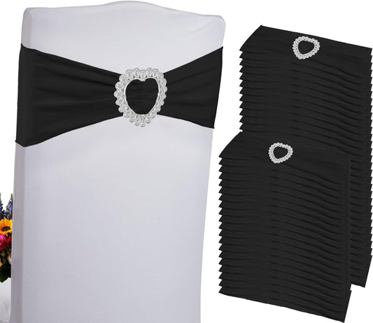 Skiennix 100PCS Spandex Stretch Black Chair Sashes - Universal Elastic Covers with Buckle Slider for Weddings & Events