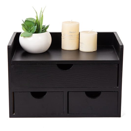 Rustic Distressed white 3-Tier Wood Desk Organizer with 3 Drawers Mini Storage Shelf For Desk, Toiletries Vanity Office Supplies (Black)