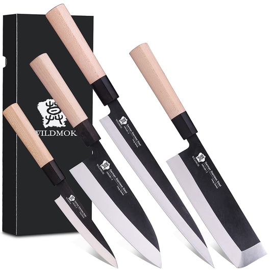 WILDMOK Set of 4 GYUTO Sushi Chef Knives-Yanagiba-Deba-Nakiri-Utility Kitchen Knife, Fish Slicing Filleting Knife Sets with German Steel Blade & Traditional Wooden Handle