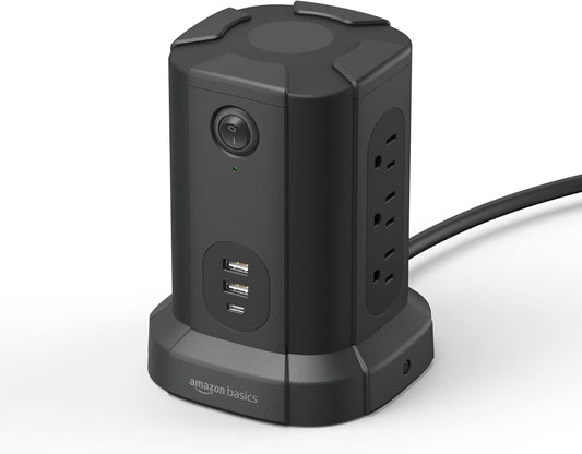 Amazon Basics 1080J, 9 (2 1 15A, 6ft Power Strip Tower Charging Station, Surge Protector Outlet with Integrated USB