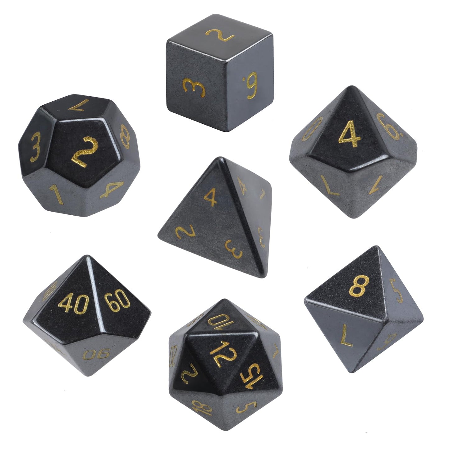 mookaitedecor 7 PCS Hematite Crystal Polyhedral DND Dice Set, Polished Tumbled Stones Dices for RPG MTG Table Games Home Decoration