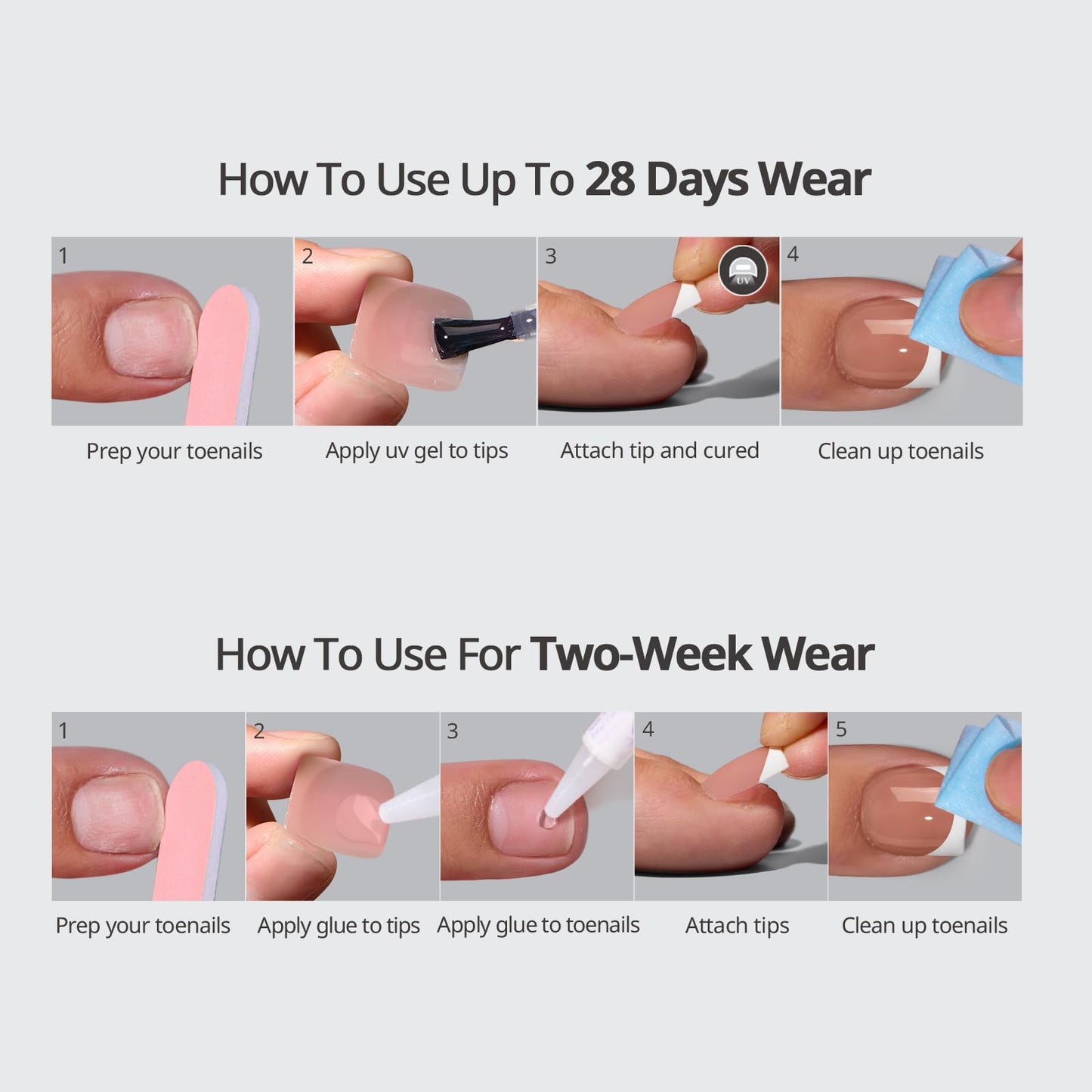 BTArtbox Press On Toenails Short - Berry Pail, Lamp-Curable 4-Week Wear 3D French Tip Square Toe Nail Press Ons with Glue and Adhesive Tabs, Easy-to-Apply in 15 Sizes - 30 Toenails All-in-One Kit