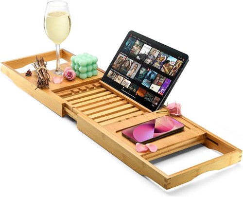 Luxury Foldable Bathtub Tray Caddy - Waterproof Wooden Organizer for Wine, Books & Phones | Expandable Size Fits Most Tubs