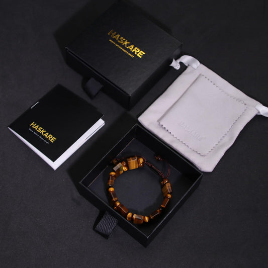 Mens Tiger Eye Protection Bracelet - HASKARE Real Crystals Tiger Eye Beads Bracelet Handcrafted Brown Stone Gifts for Him, Durable Drawstring Mens Jewelry Bracelets Stuffers for Men Fathers Day Christmas