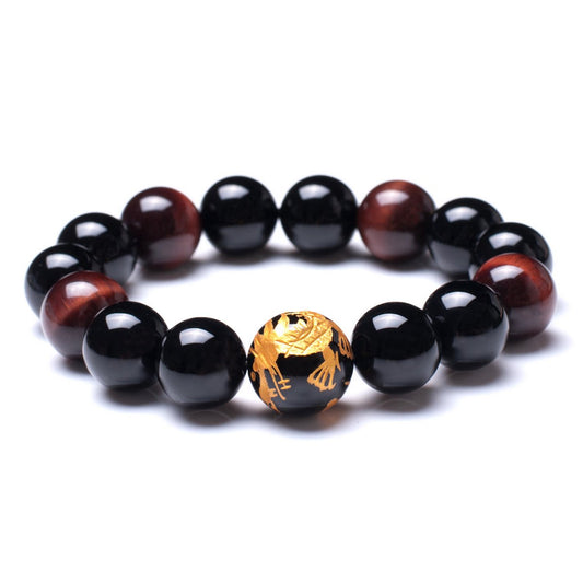 12mm Tiger Eye Stone Yellow Dragon Pattern Bold Wrist Bracelets | Natural Lava Rock Black Beads Elegant Design Bracelets for Men | Charming Black Crystal Men's Bracelet Beads Set for Layered Looks