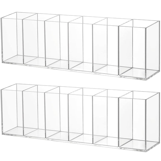 2 Pack Acrylic Makeup Brush Holder 6 Compartments Pencil Organizer Cup Pencil Holder for Desk Pen Organizer Storage Pen Holder for Accessories Cosmetic Brushes Office Bathroom Kitchen Supplies (Clear)