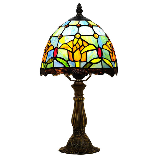 MOAN Small Lamp Stained Glass Table Lamp 8X14.5 Inch Bedside Reading Light Antique Light Desk Lamp(Rose Style)
