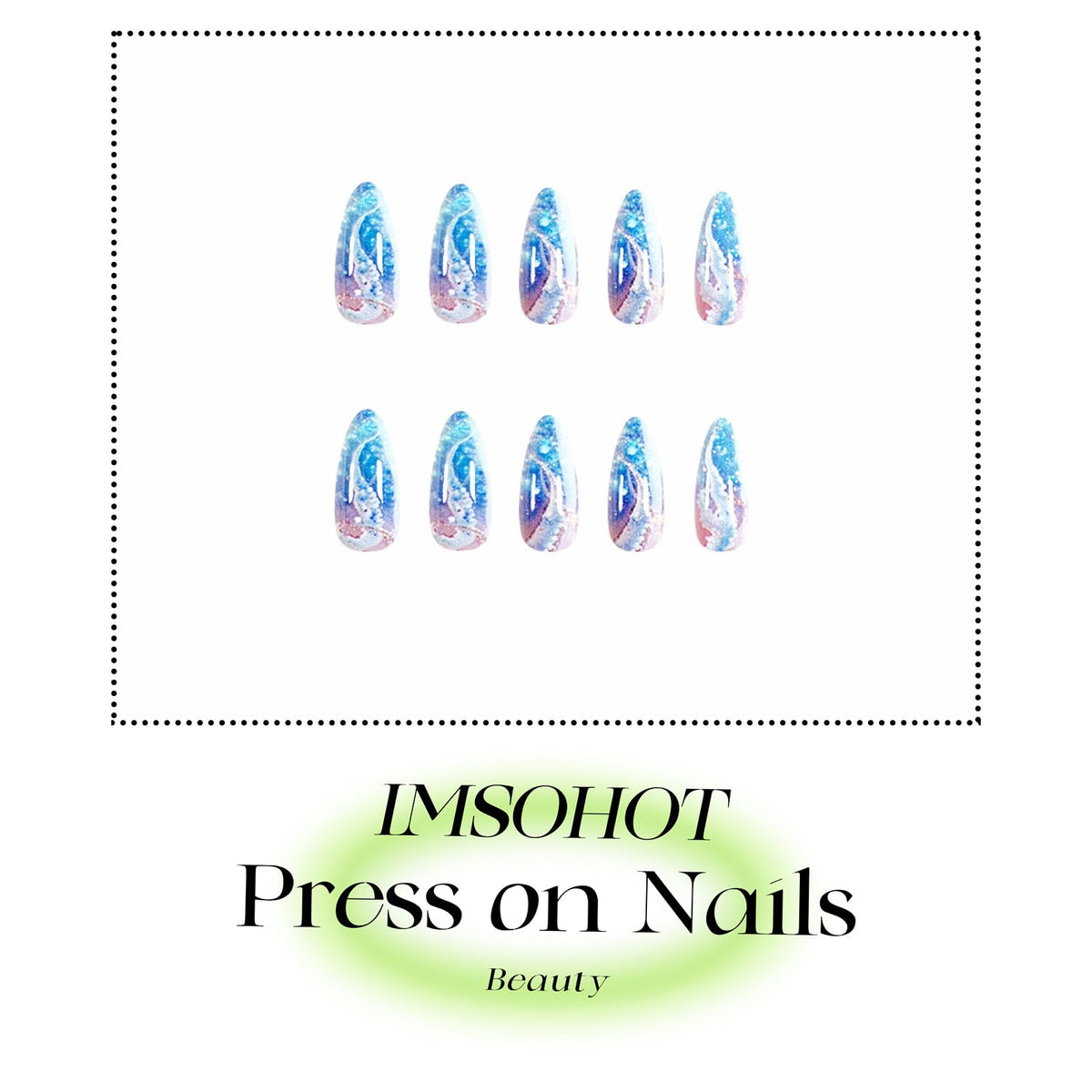 IMSOHOT Blue Press on Nails Almond Medium Fake Nails Glossy False Nails Full Cover Summer Acrylic Glue on Nails for Women DIY Manicure Decoration 24Pcs