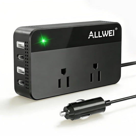 ALLWEI 200W 12V 110V 4 Port(2xUSB 2xUSB Car Power Inverter, DC to AC Car Inverte with USB Fast Charging A, C)- Car