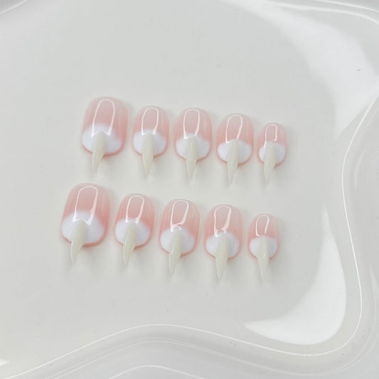 10 Pcs Handmade Press on Nails Medium Curved Stiletto Cat Claw Fake Nails Unique Pink White Designs Thick 3D Cat Claw Nails Press Ons Reusable Glossy Acrylic French Gradient Stick on Nail (S)