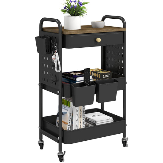danpinera 3-Tier Rolling Cart, Metal Rolling Storage Cart with Wooden Table Top & DIY Pegboards, Storage Cart with Wheels, Hooks & Hanging Cups, Storage Organizer Cart Craft Art Cart, Black