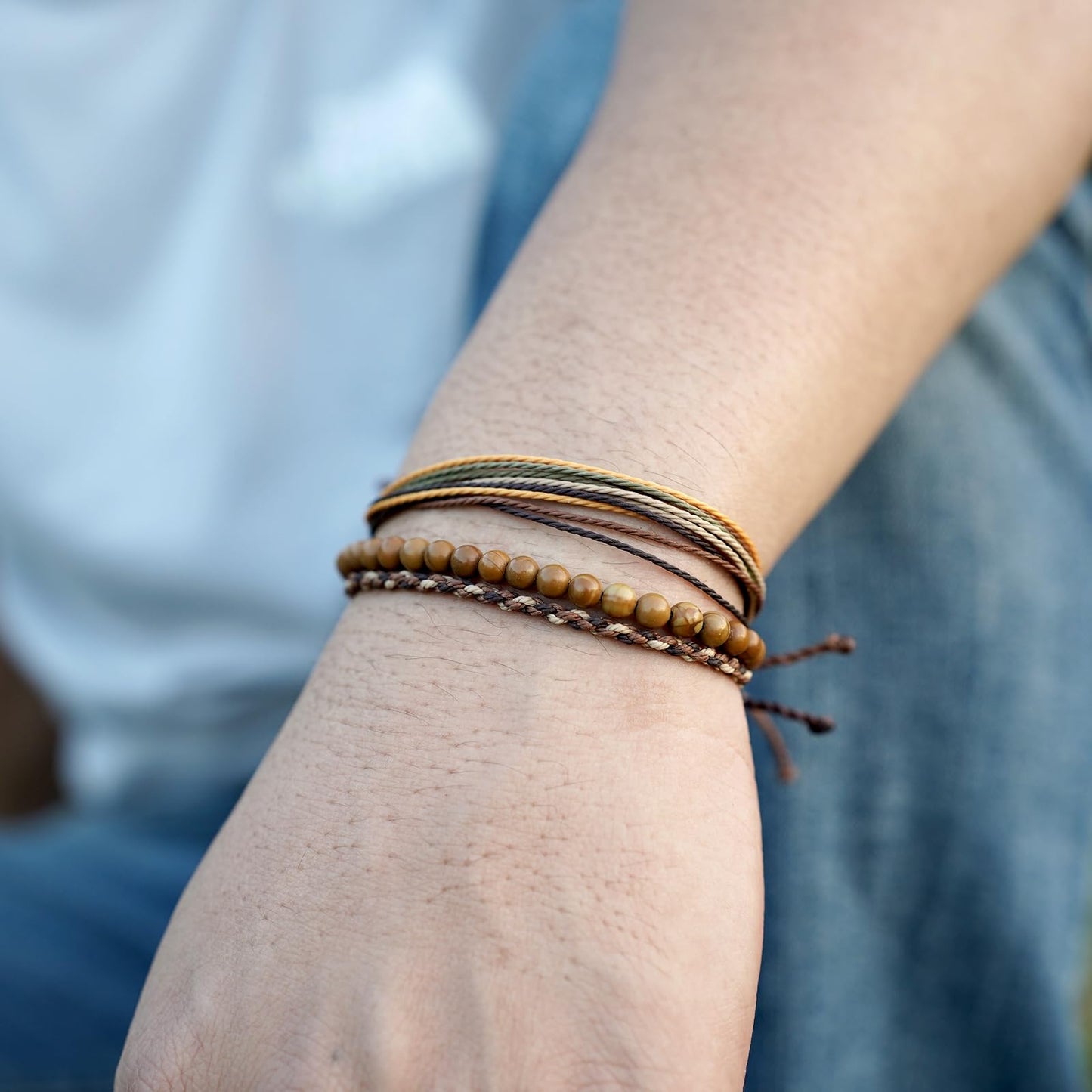 Handmade Natural Stone Beaded Healing Bracelet Gift for Men Adjustable Rope String Bracelet (Wood-Grain Yellow, Adjustable)