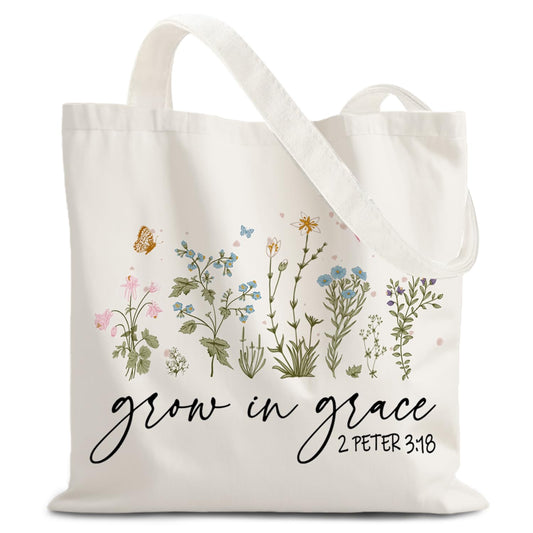 URLLUAE Boho Floral Christian Tote Bags for Women, Grow in Grace Bible Verses Canvas Tote Bag, Christian Gifts for Women, Faith Based Gifts, Reusable Shopping Grocery Bags