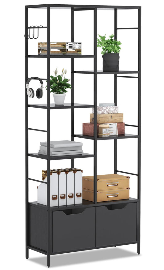ZERDER 5 Tier Bookshelf, Bookcase with 5 Shelves, Storage Rack Organizer, Corner Wood Storage Shelf with Metal Frame for Bedroom, Living Room (Black)