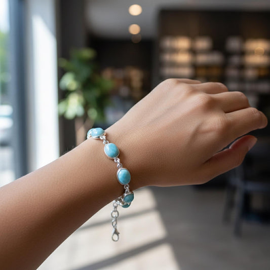 DESIGN HUB Larimar Bracelet 925 Sterling Silver | Handmade Oval Gemstone Bracelet for Women & Men | Adjustable 7-8 Inch Ocean Blue Jewelry | Unisex Artisan Gift | Women Gift for Her