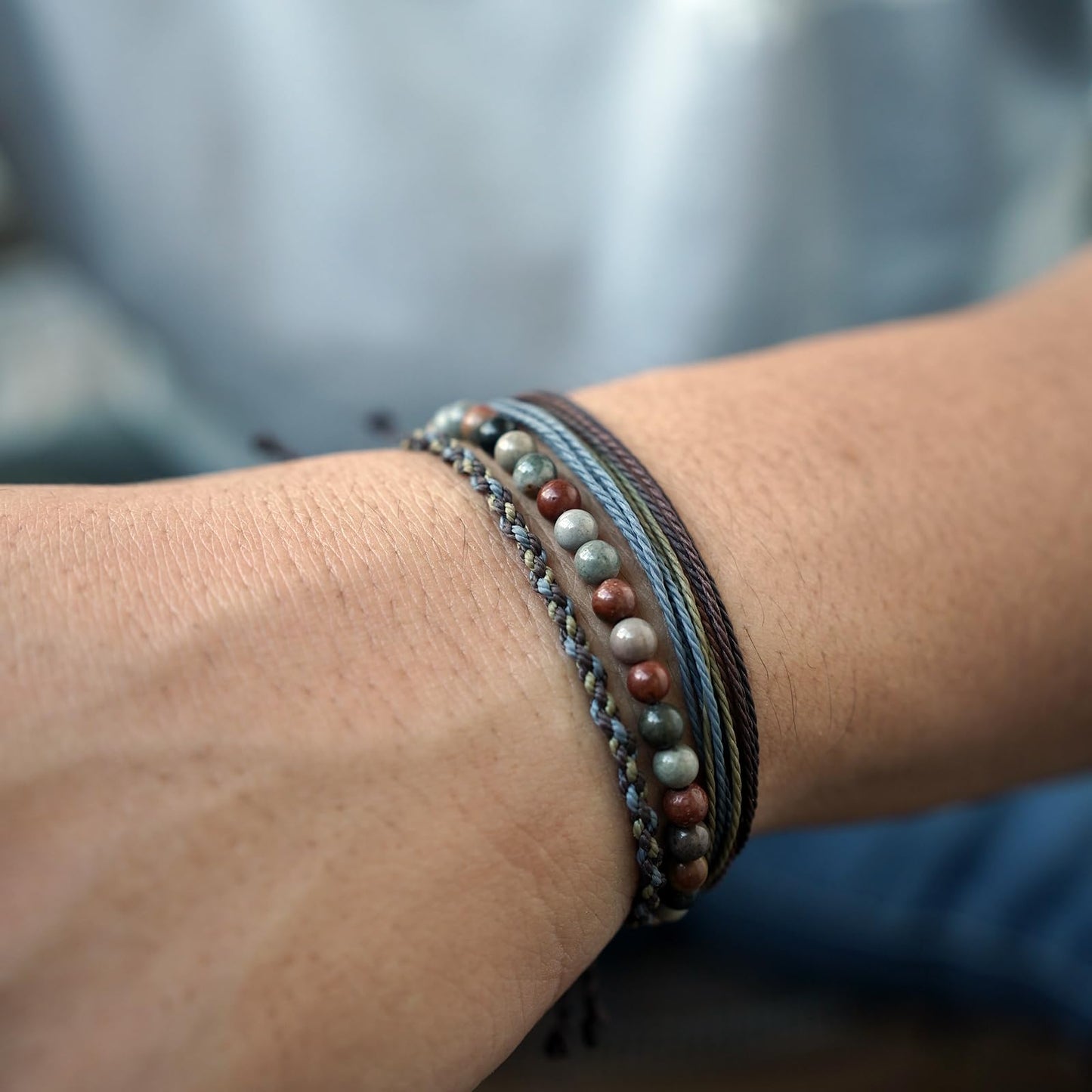 Handmade Natural Stone Beaded Healing Bracelet Gift for Men Adjustable Rope String Bracelet (Picture Jasper（Blue）, Adjustable)