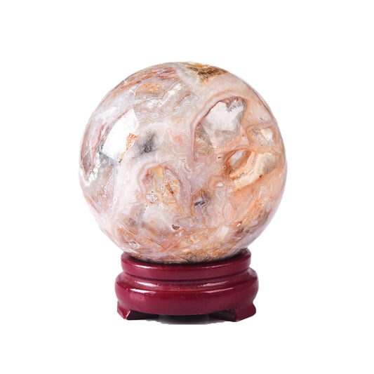 JIC Gem Natural Striped Agate Crystal Sphere with Wooden Stand Decorative Crystal Ball Healing Gemstone Sphere for Meditation Feng Shui Witch-Style Decor70-80mm