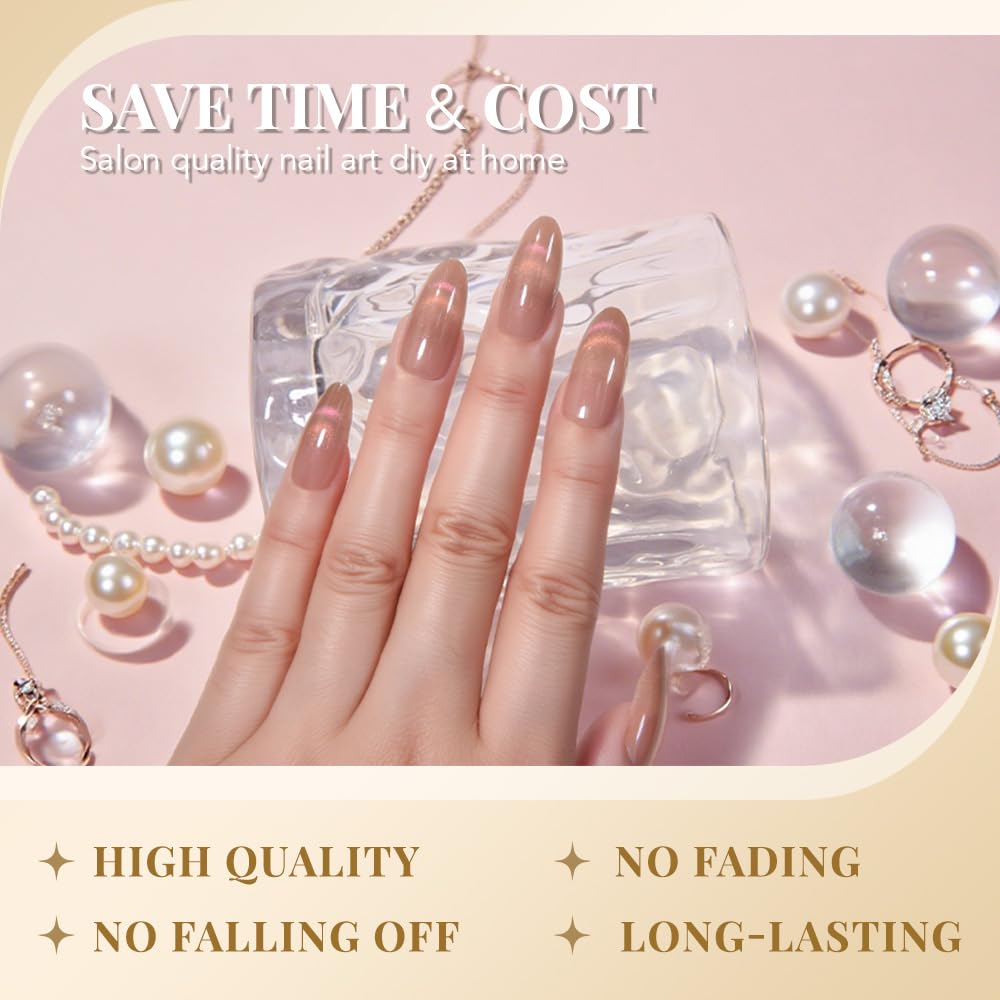 evpct Nude Brown Cat Eye Press on Nails Almond Medium, Medium Almond Stick on Nails for Women Gift, Iridescent Pink Smile Curve Metallic Glitter Reusable Gel Press on Acrylic Fake Nail with Designs