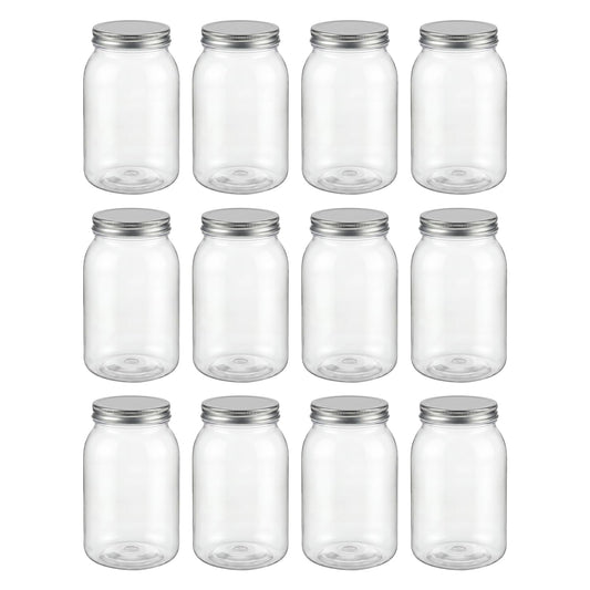 novelinks 32 oz Mason Jars with Plastic Lids, 12 Pack Large Plastic Salad Jars with Lids 32oz, Reusable Spice Containers & Kitchen Jars for Pantry Organization (12 Pack,Silver)