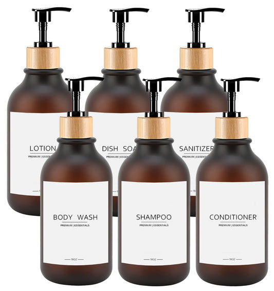 Frosted Plastic Shampoo and Conditioner Bottles, Apothecary Dispenser Bamboo Pump, Refillable Bottles for Shower Lotion, Oil, Hand Soap, Sanitizer, Liquid Soap, Set of 3 with 9 Labels (6, Matte Amber)