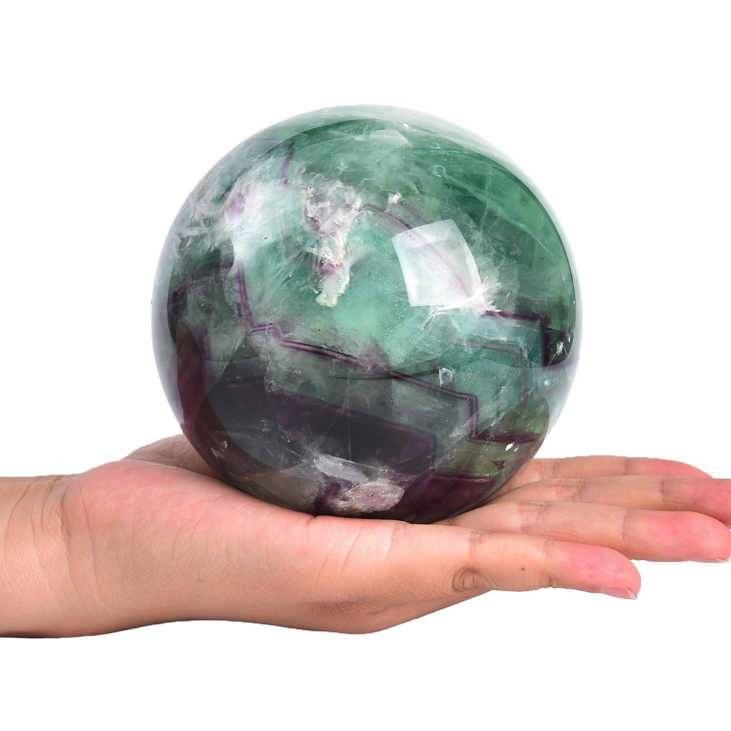 JIC Gem Large Crystal Ball Feather Fluorite Healing Crystals Sphere with Wooden Stand Meditation Home Decor 3.5-4 inch (90-100mm)