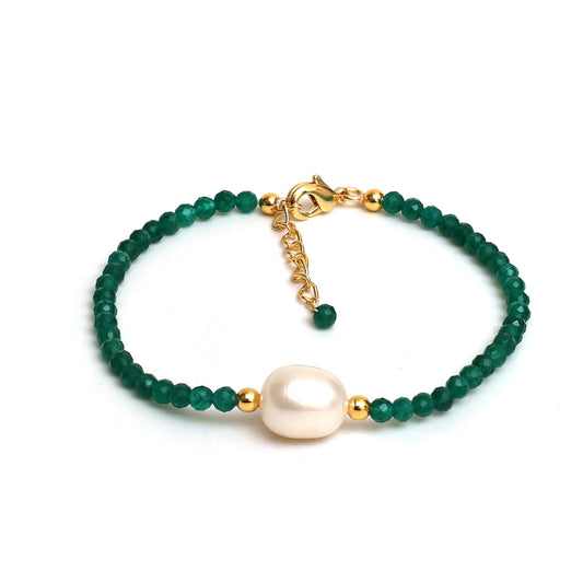 Gempires Green Jade Beaded Bracelet with Pearl Choker Crystal Jewelry Lightweight March Birthstone Gifts Hypoallergenic 7.5 Inch Gold Plated Bracelets For Women