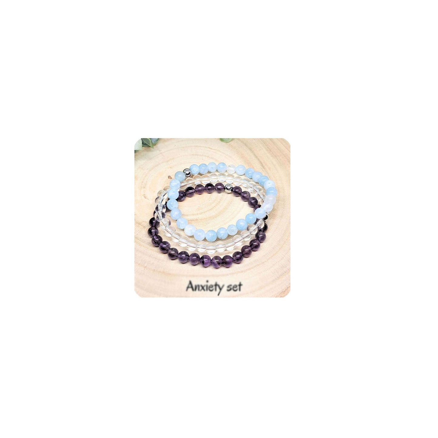 Crgwxzl 3pcs Anxiety Relief Protection Bracelets,Healing Aquamarine Crystal Bracelets for Women Men,Natural Stone Amethyst Clear Crystal Beaded Spiritual Gemstone Jewelry Gifts