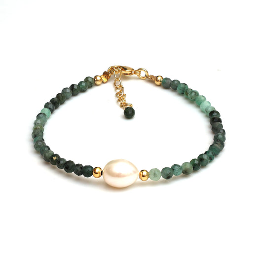 Gempires Emerald Beads with Freshwater Pearl Beaded Bracelet May Birthstone Jewelry Hypoallergenic Gold Plated 7.5 Inch Adjustable Chain Unique Everyday Wear Jewelry