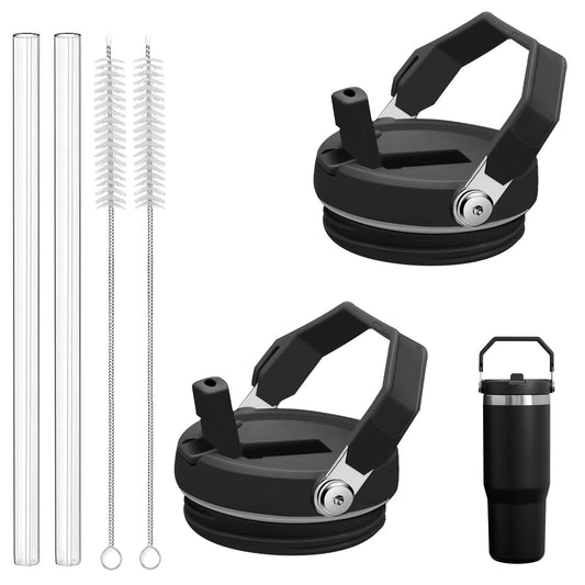 2-Pack Replacement Flip Straw Lids for Stanley IceFlow Tumbler 30oz and 20oz, Spill-Proof Cap with 2 Reusable Straws & 2 Cleaning Brushes, BPA-Free, Easy to Clean(Black)