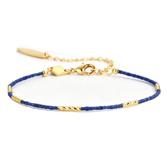 18K Gold Plated Lapis Lazuli Beaded Bracelet for Women - Dainty Thin Blue Natural Stone Bracelet with Adjustable Chain, Minimalist Delicate Layering Jewelry Gift for Mother's Day