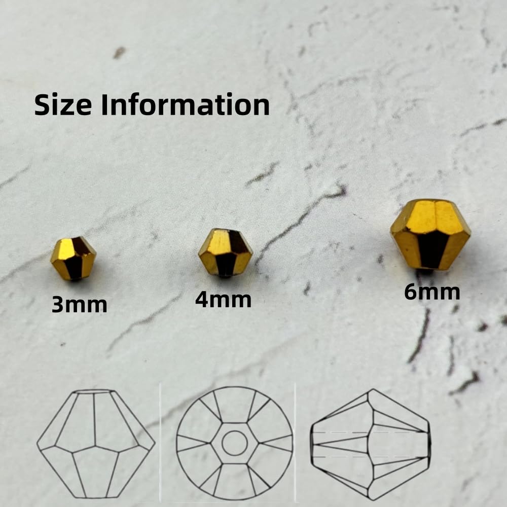 YUEXIGO 500pcs 3mm Bicone Glass Crystal Beads for Jewelry Making, Faceted Bicone Glass Spacer Beads for Bracelet Earring Necklace DIY Craft(Gold)