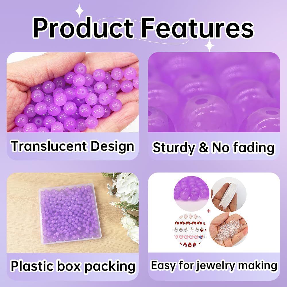 PAMIR TONG 400pcs 8mm Round Glass Beads for Bracelet Pretty Smooth Loose Beads for Necklace-Earring-Jewelry Making and DIY Crafts (Lavender)