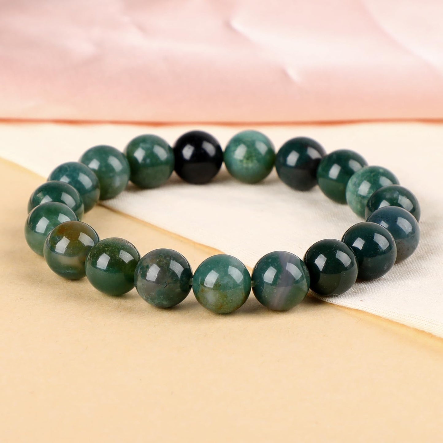LPBeads Handmade Natural Gemstone Stretch Elastic 10mm Moss Agate Bracelet Healing Crystal Round Stone Beads Jewelry Gifts for Women Men