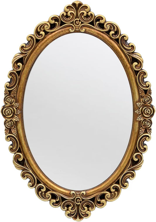 OIGUMR Oval Wall Mirror - Vintage Resin Frame, 12 x 8.3 Inch, Perfect for Bedroom & Living Room Decor - Gold