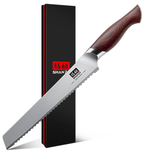 SHAN ZU Bread Knife 8 Inch, Japanese High Carbon 10Cr15Mov Stainless Steel Cake Knife, Razor Sharp Sourdough Slicing Knife, Multifunction Serrated knife for Homemade Bread